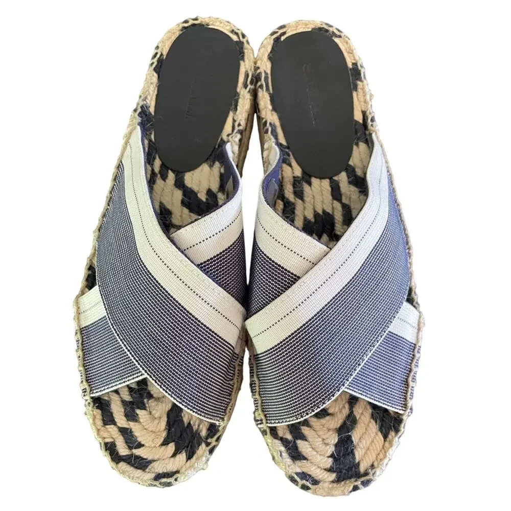 Woven Navy Cream Slip-On Espadrille Jute Platform Sandals Size 7